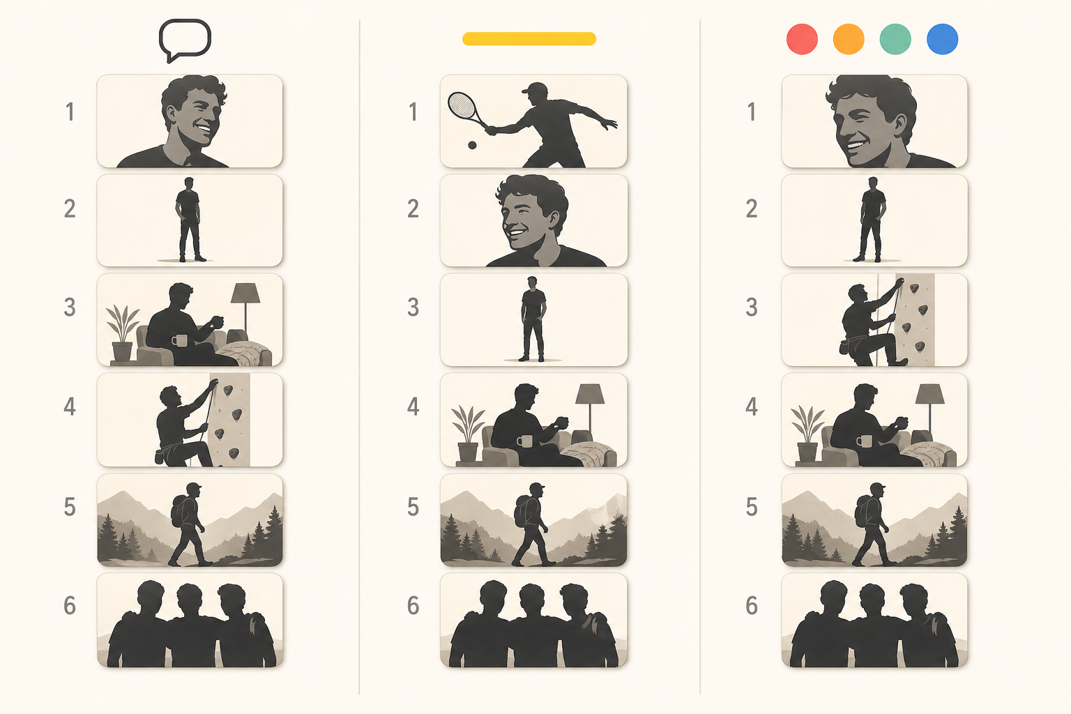The Hinge-Bumble-Tinder photo-stack delta: a side-by-side three-column diagram on a cream backdrop, showing six numbered slot tiles per column, with column headers identified by Hinge comment-bubble icon, Bumble yellow accent bar, and Tinder action-button row icons, each tile illustrating a photo type (close-up smile, full-body, hobby-mid-action, at-home cozy lifestyle, outdoor candid, group), demonstrating how the slot order differs across the three apps while the underlying pack stays the same in 2026.