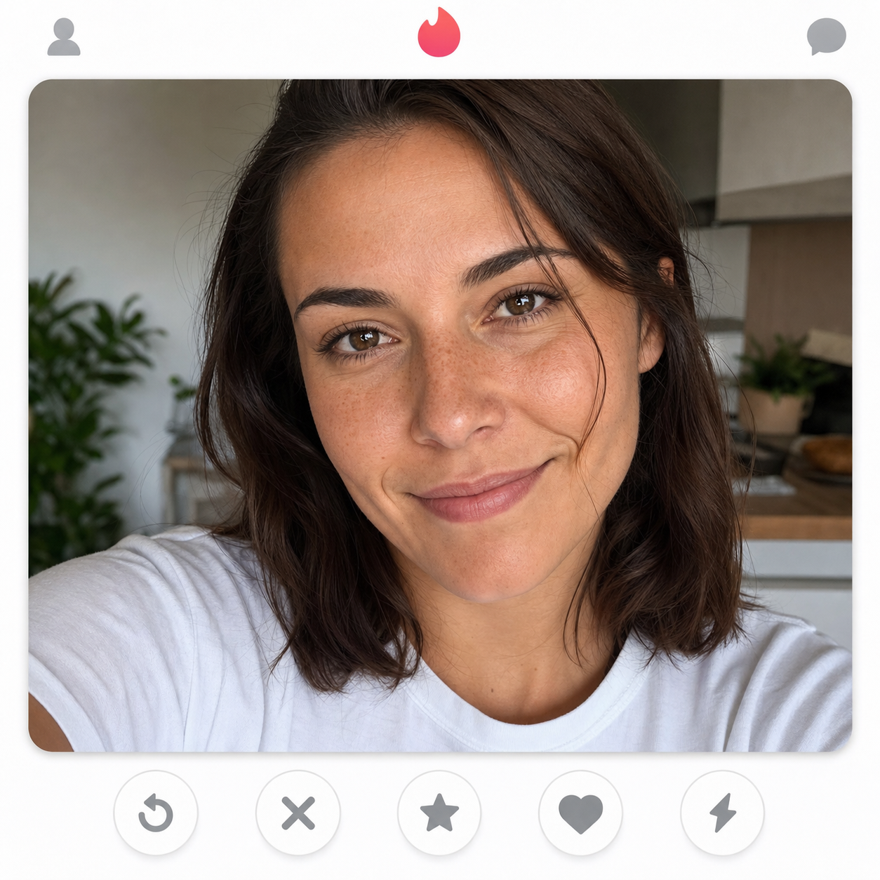 Tinder lead-photo example: a 1:1 square tight close-up of a woman around thirty with shoulder-length brown hair, brown eyes, and visible freckles on the cheekbones, identity-locked, plain white tee, warm half-smile, soft natural window light, displayed inside a Tinder profile card with the signature row of five round action buttons at the bottom, demonstrating the Tinder lead-photo move in 2026.