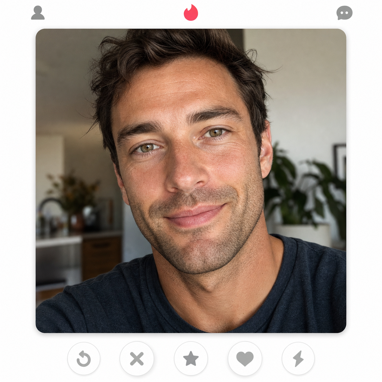 Tinder lead-photo example: a 1:1 square tight close-up of a man in his early thirties with brown hair, hazel eyes, square jaw, and light stubble, identity-locked, plain charcoal tee, warm half-smile with direct eye contact, soft natural window light, displayed inside a Tinder profile card with the signature row of five round action buttons at the bottom, demonstrating the Tinder lead-photo move in 2026.