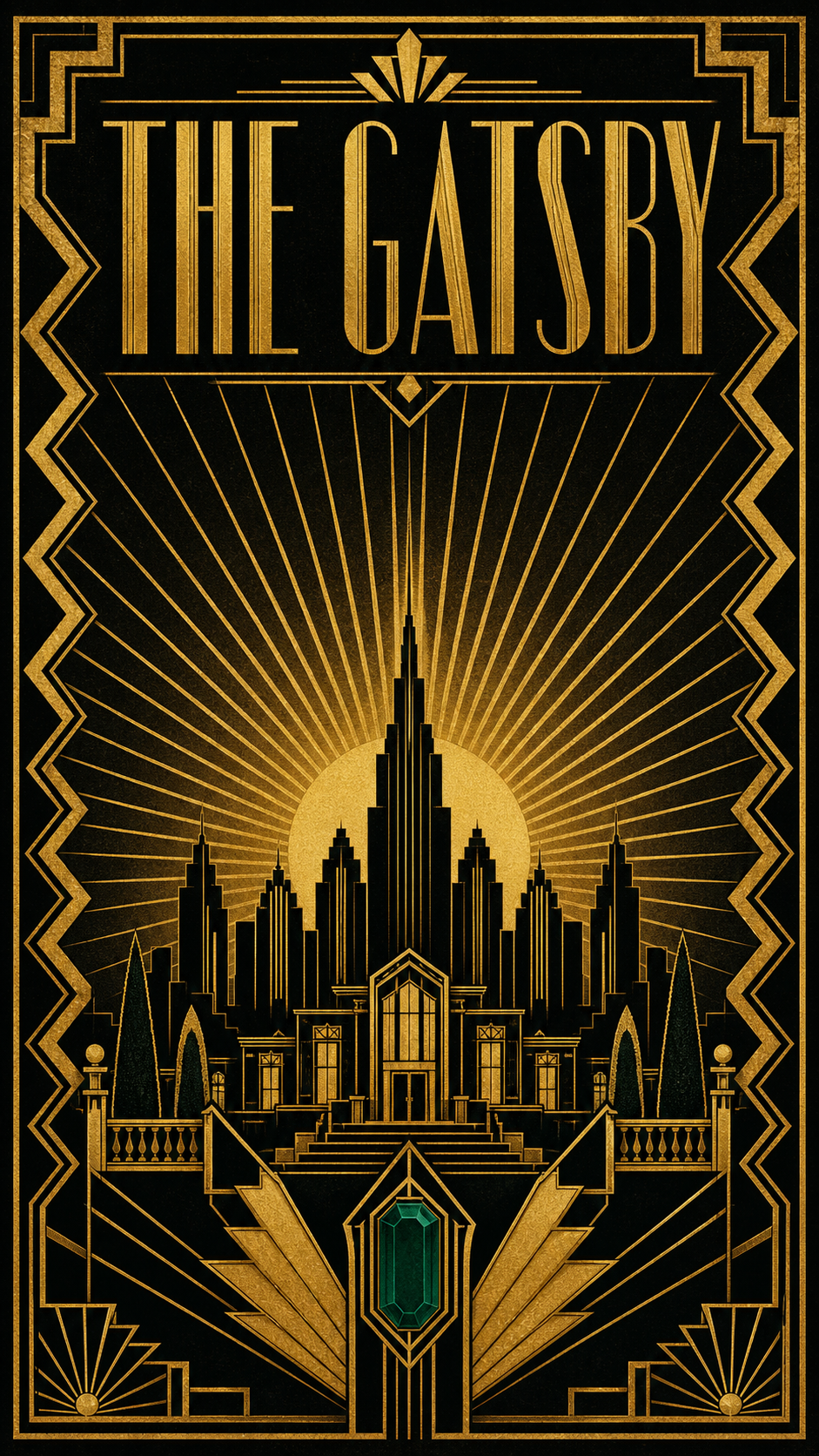 The same subject rebuilt as a bold gold-and-black art deco poster with a central gold sunburst, geometric symmetry, and stepped chevron borders with an emerald accent, titled THE GATSBY, the styled result.