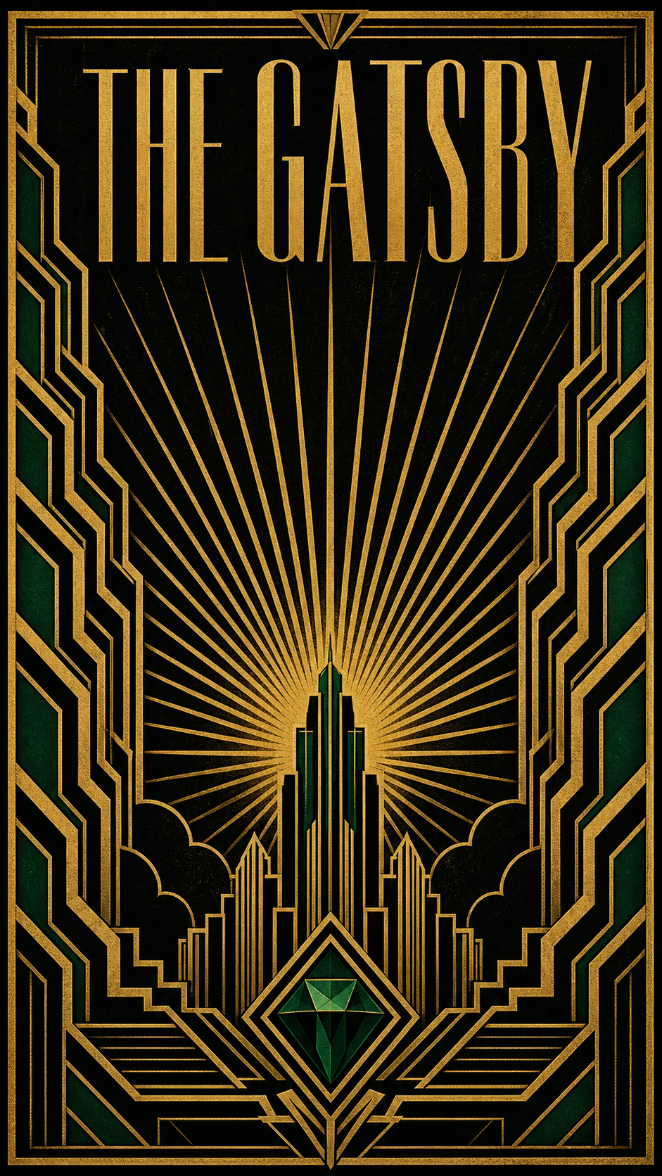 A classic 1920s Gatsby art deco poster with a central radial gold sunburst, geometric symmetry, and stepped chevron borders on deep black with emerald accents, titled THE GATSBY.