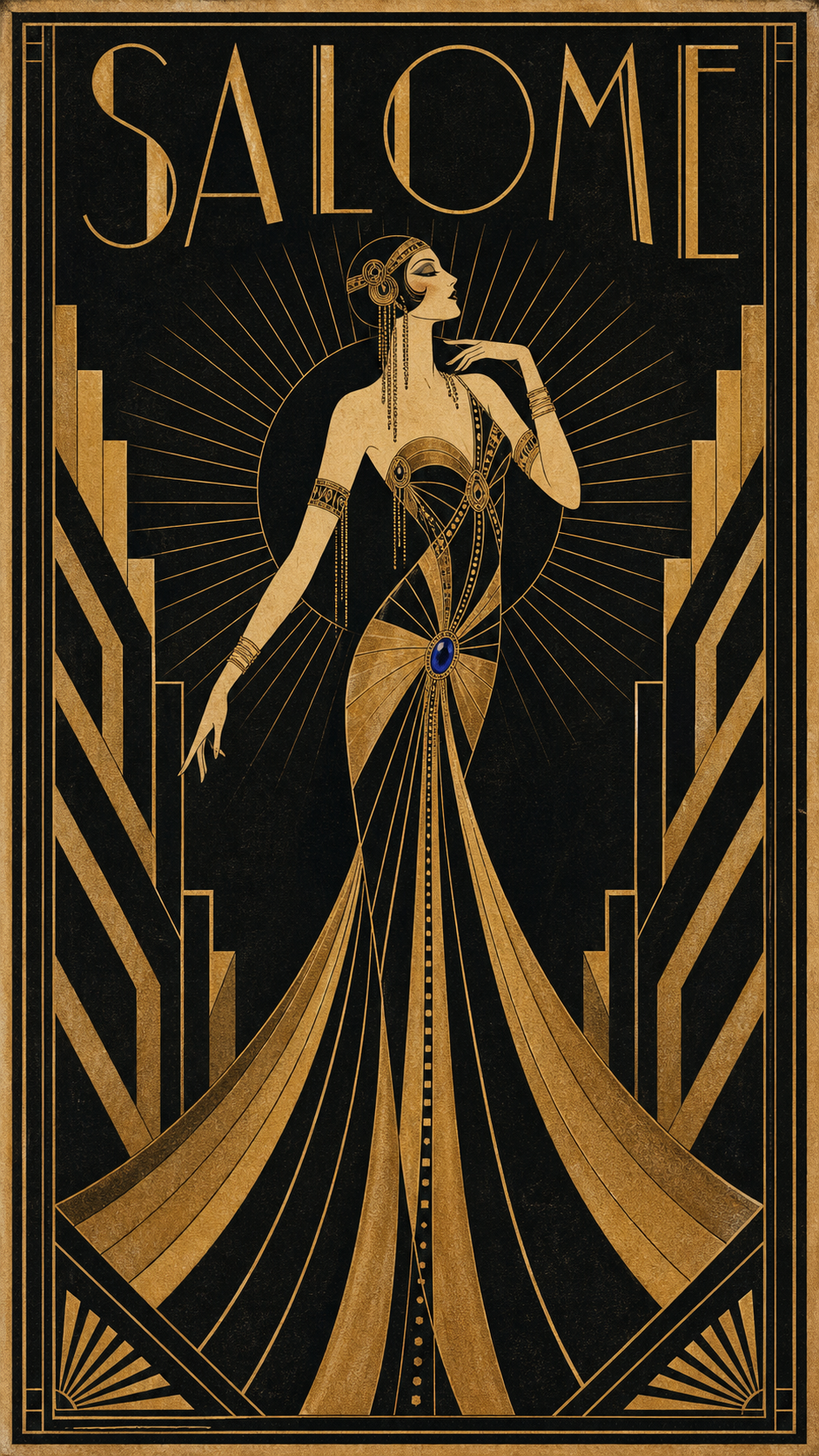 An Erté-style art deco poster of a single elongated stylized female figure in a sweeping geometric gown with a gold sunburst halo and chevron borders, in gold, black, and sapphire, titled SALOME.
