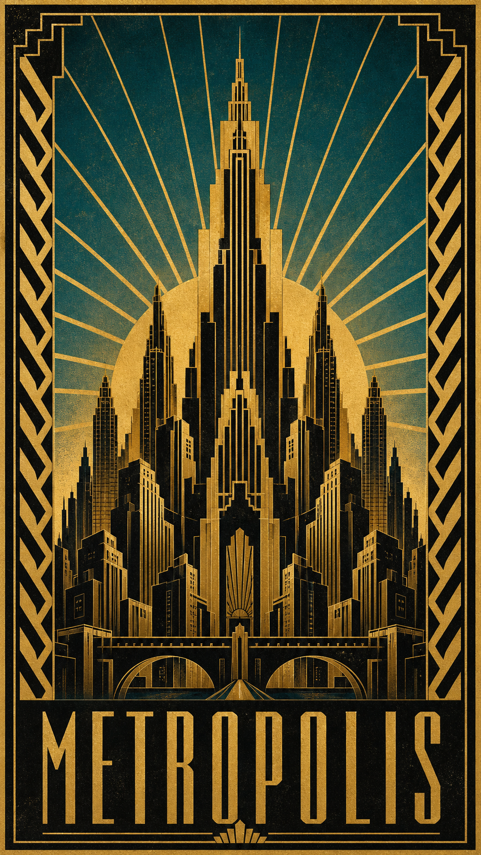 An art deco metropolis poster of symmetrical stepped skyscrapers rising toward a central tower with a gold sunburst sky and chevron borders, in gold, black, and teal, titled METROPOLIS.