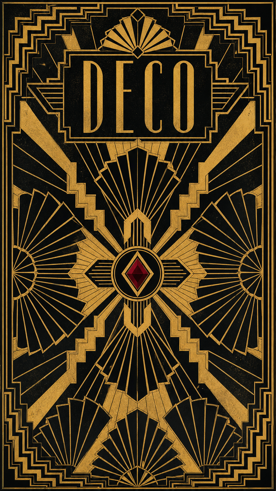 A geometric art deco pattern panel of repeating fans, sunburst rays, and stepped chevrons radiating from a central medallion, in gold, black, and ruby red, titled DECO.