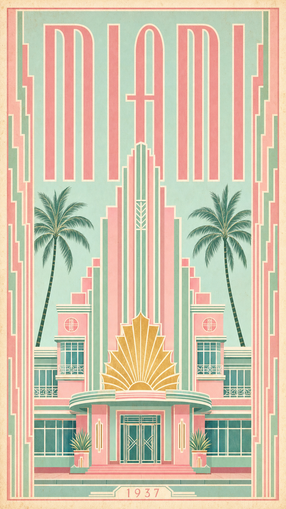 A Miami pastel art deco poster of a symmetrical stepped hotel facade with a sunburst fan and flanking palms, in mint, flamingo pink, and aqua with gold, titled MIAMI.