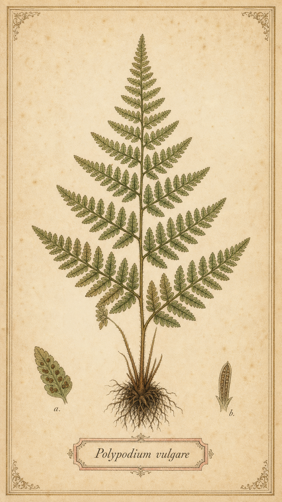 The same fern rebuilt as a vintage herbarium-style botanical plate in sage and ochre on aged cream paper, centered and symmetrical with a serif-italic Latin-name label, titled Polypodium vulgare.
