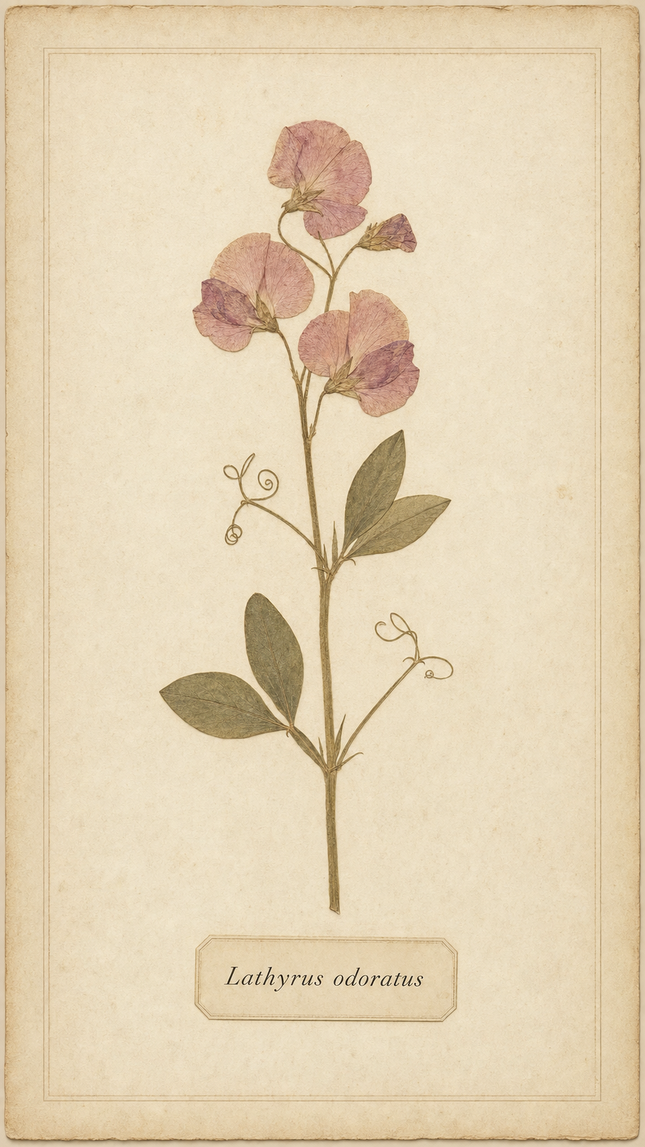 A pressed-flower botanical print of a single dried sweet-pea stem shown flat on cream mounting paper in faded rose and sage, centered with a serif-italic Latin-name label, titled Lathyrus odoratus.