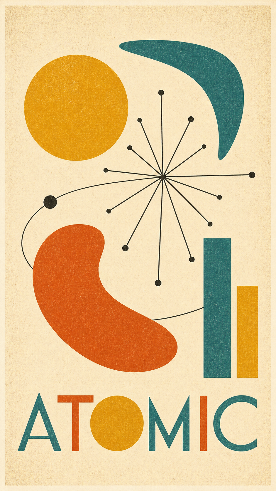 The same plain shapes rebuilt as a mid-century modern atomic-age poster with a starburst, boomerang and kidney curves in mustard, teal and burnt orange on cream, titled ATOMIC.
