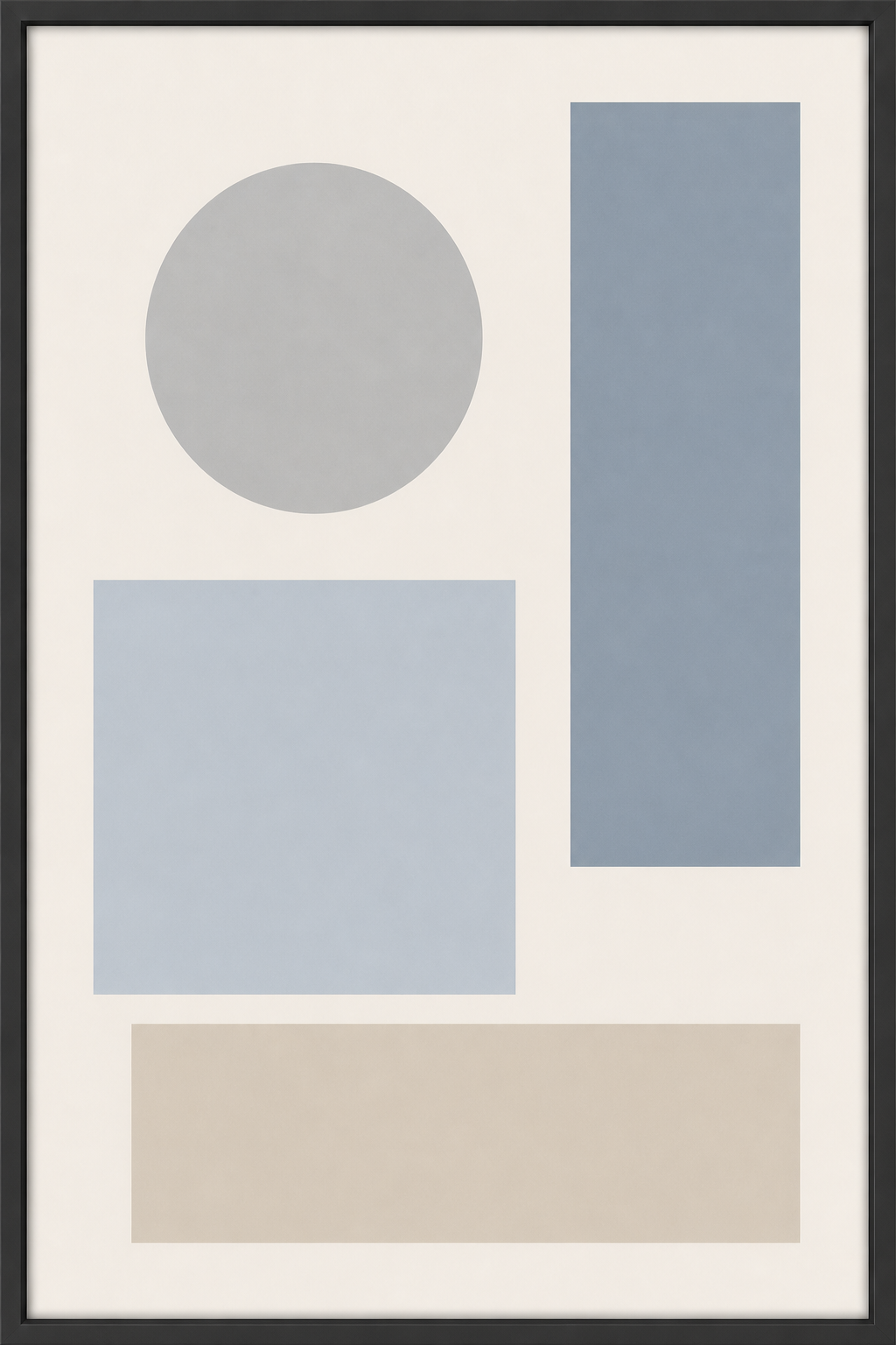 A generic flat boring modern abstract graphic of a plain circle and rectangles in dull grey and washed-out blue, the soulless stock wall art most people start from before styling it.