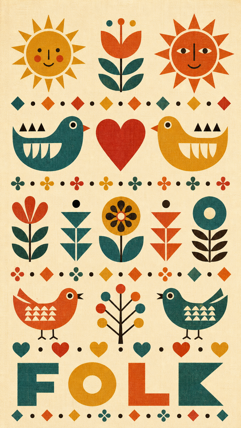 A mid-century modern folk-geometric poster in the Alexander Girard style, rows of flat stylized suns, birds, hearts and flowers in burnt orange, mustard and teal on cream, titled FOLK.