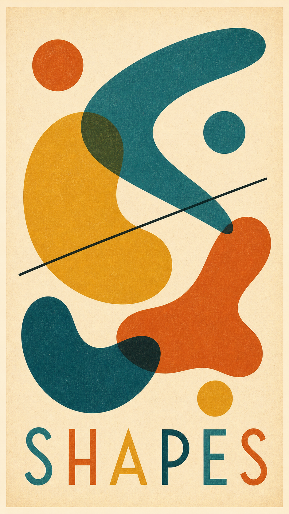 A mid-century modern Eames-era poster of large flat overlapping boomerang, kidney and circle shapes in teal, mustard and burnt orange on cream, titled SHAPES.