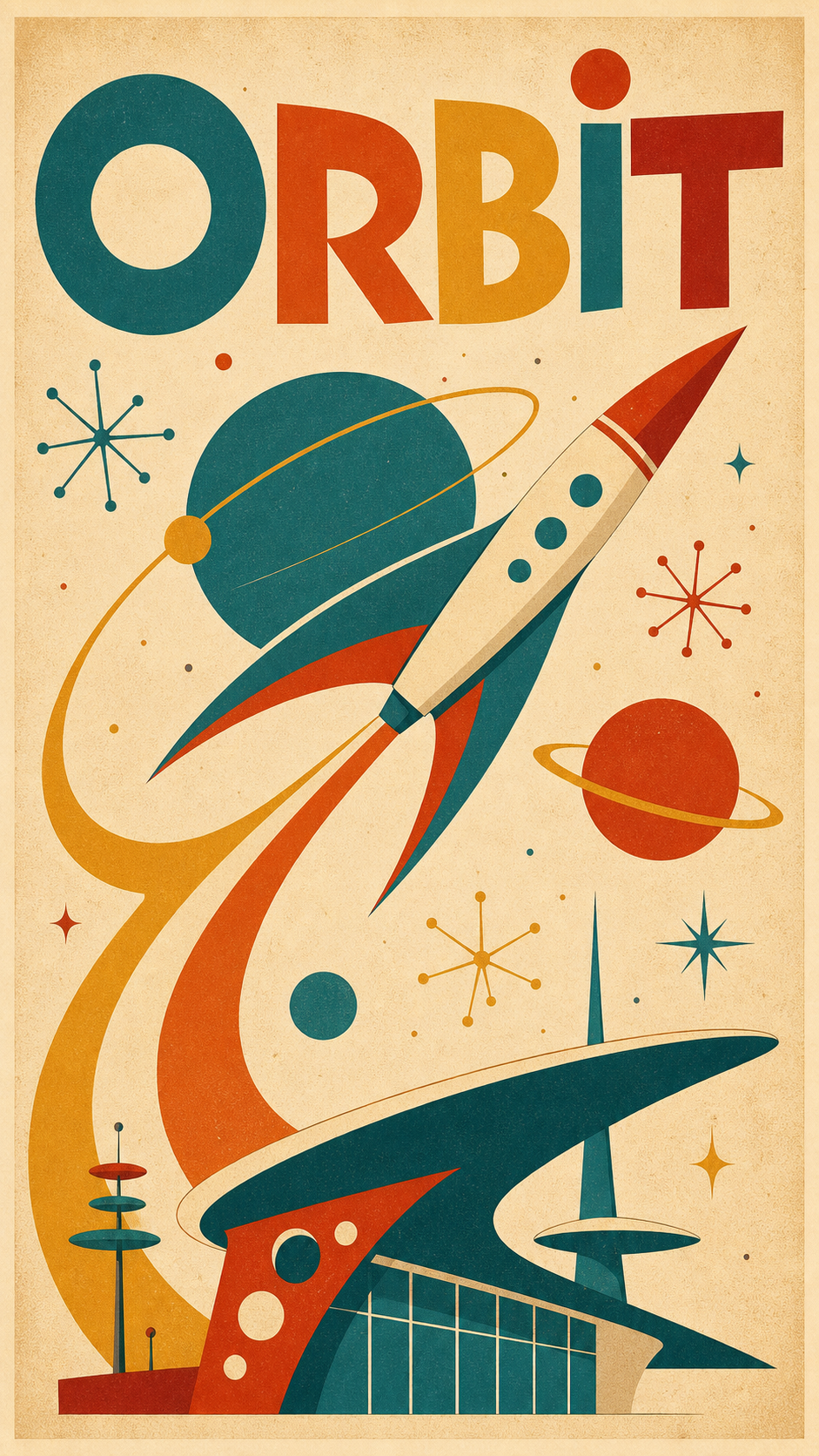 A mid-century modern googie space-age poster with a boomerang-finned rocket, orbit rings and atomic starbursts in teal, mustard and burnt orange on cream, titled ORBIT.