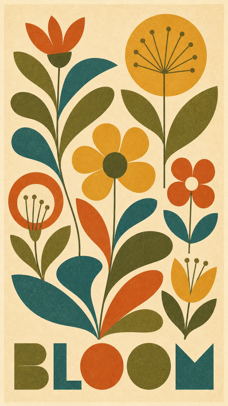 A mid-century modern stylized-nature poster of abstract boomerang leaves, geometric flowers and a simple sun in olive, teal, mustard and burnt orange on cream, titled BLOOM.
