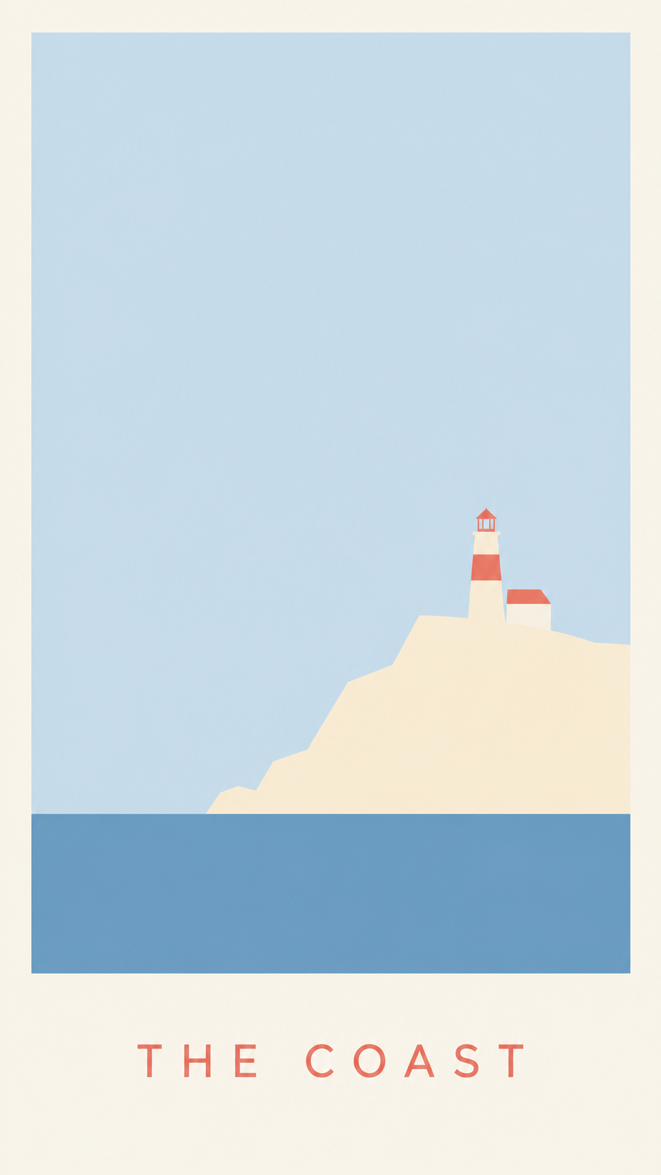 The same coastal town rebuilt as a clean minimalist poster, one simplified headland with a small lighthouse over a flat sea in three flat colors with big empty space, titled THE COAST, the stripped-back result.