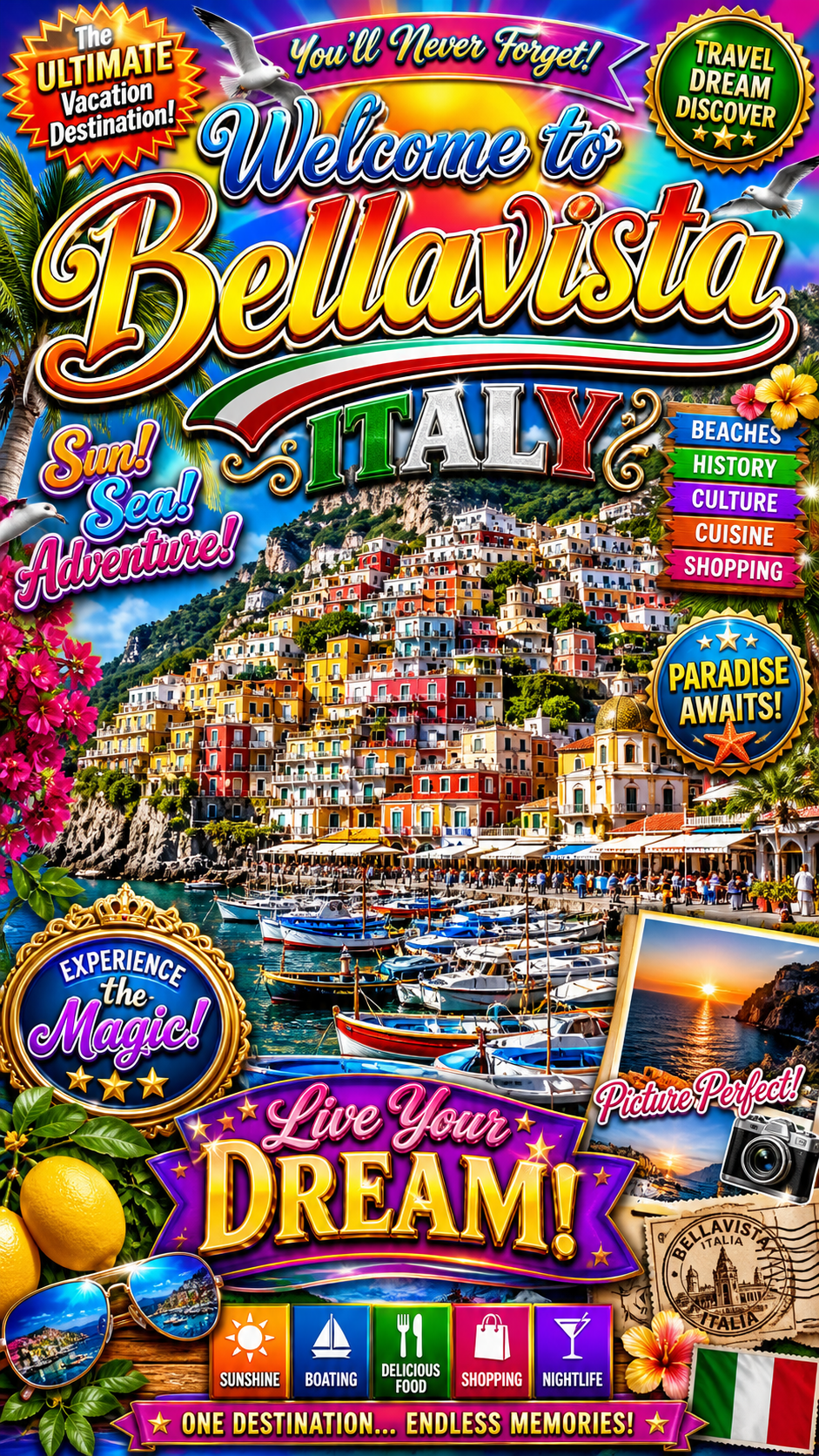 An overworked cluttered travel poster of a coastal town crammed with too many clashing colors, gradients, drop shadows, clip-art and three fonts, the busy failure people start from before stripping it back.