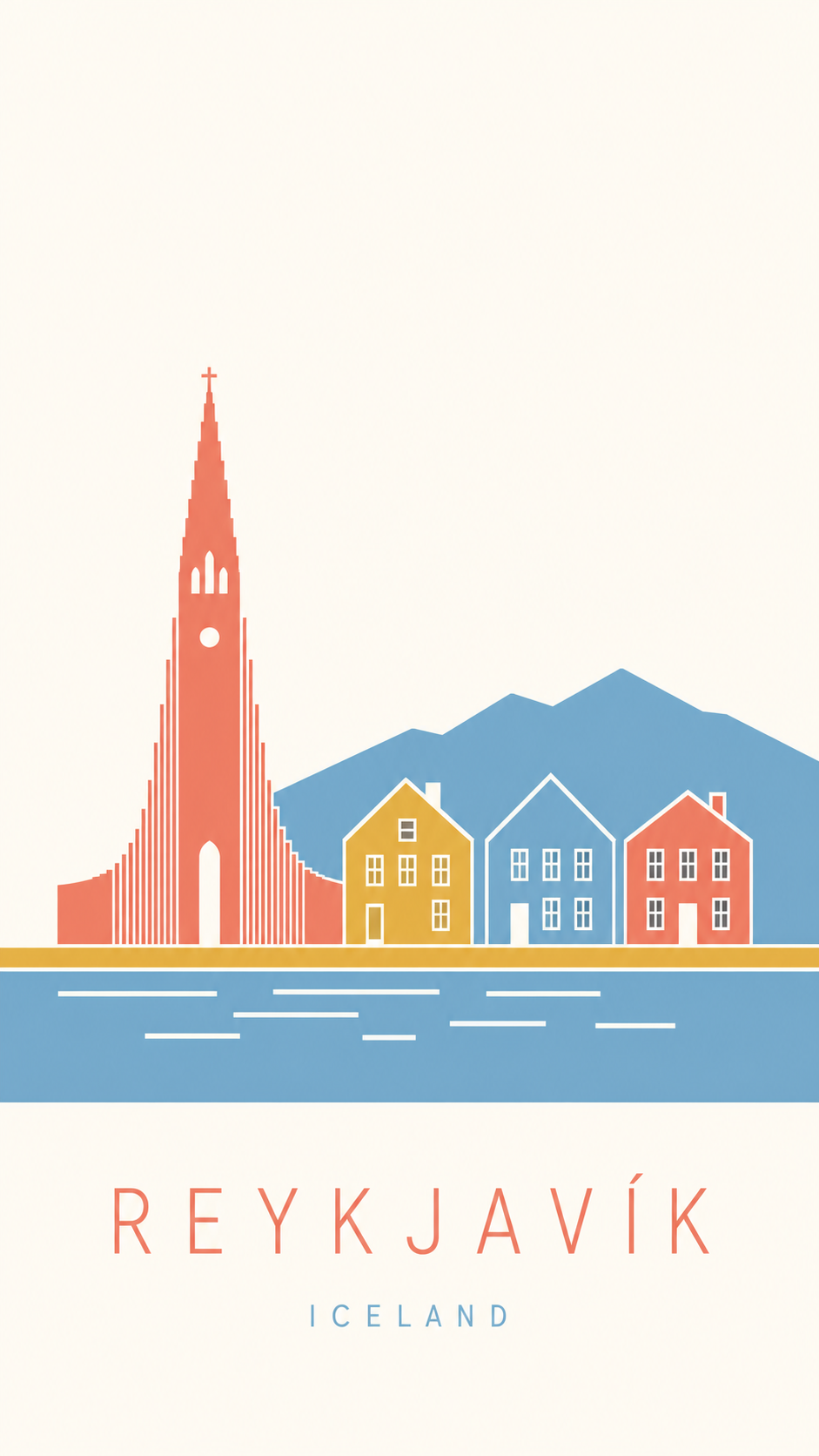 A minimalist Scandinavian flat-vector travel poster of Reykjavik with a simple church spire, a row of geometric houses, and a low mountain in flat sky blue, coral and mustard with big empty space, titled REYKJAVÍK ICELAND.