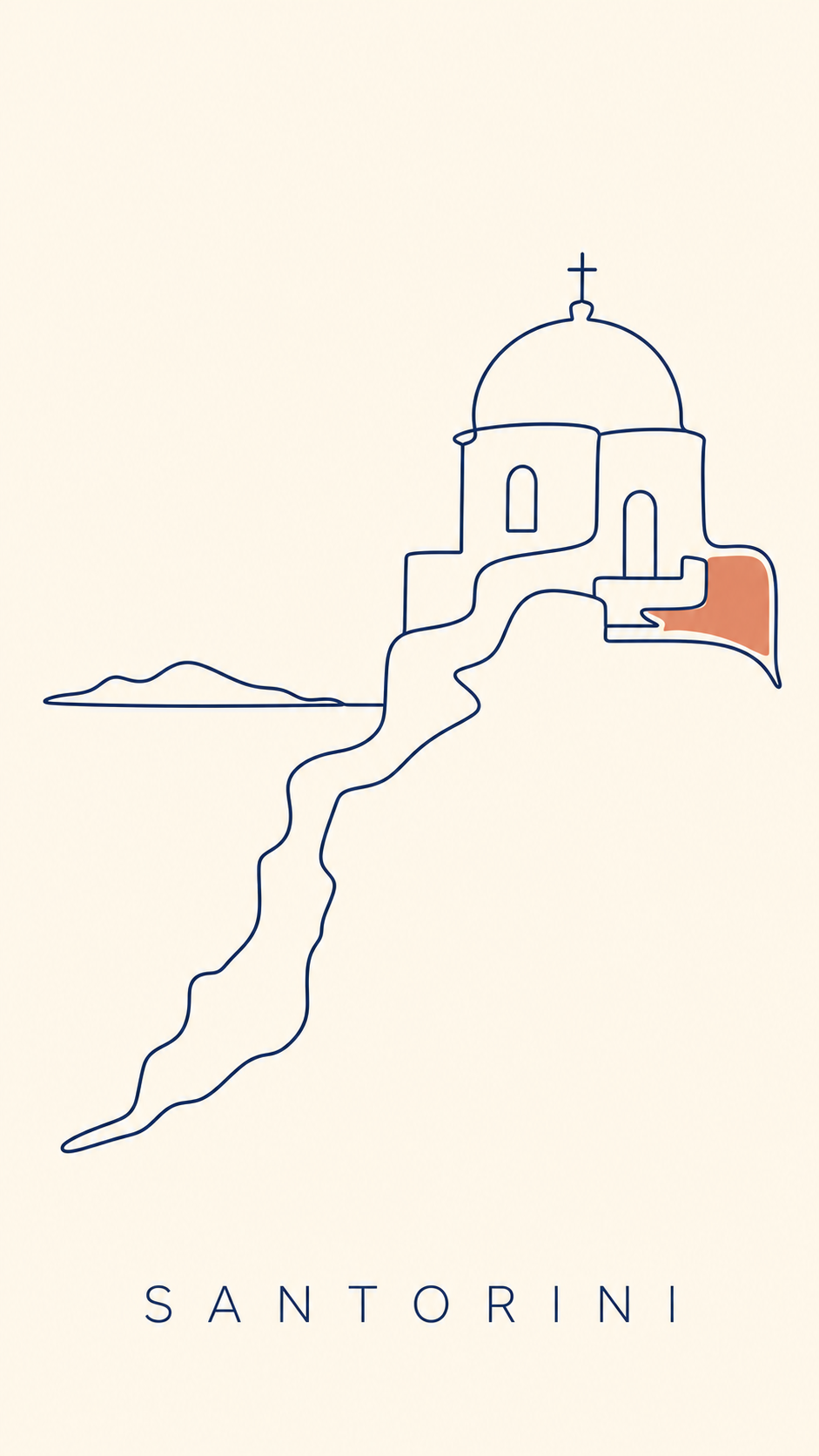 A minimalist single-continuous-line travel poster of Santorini, a domed church and cliff drawn in one unbroken navy line on cream with a small terracotta block and lots of empty space, titled SANTORINI.