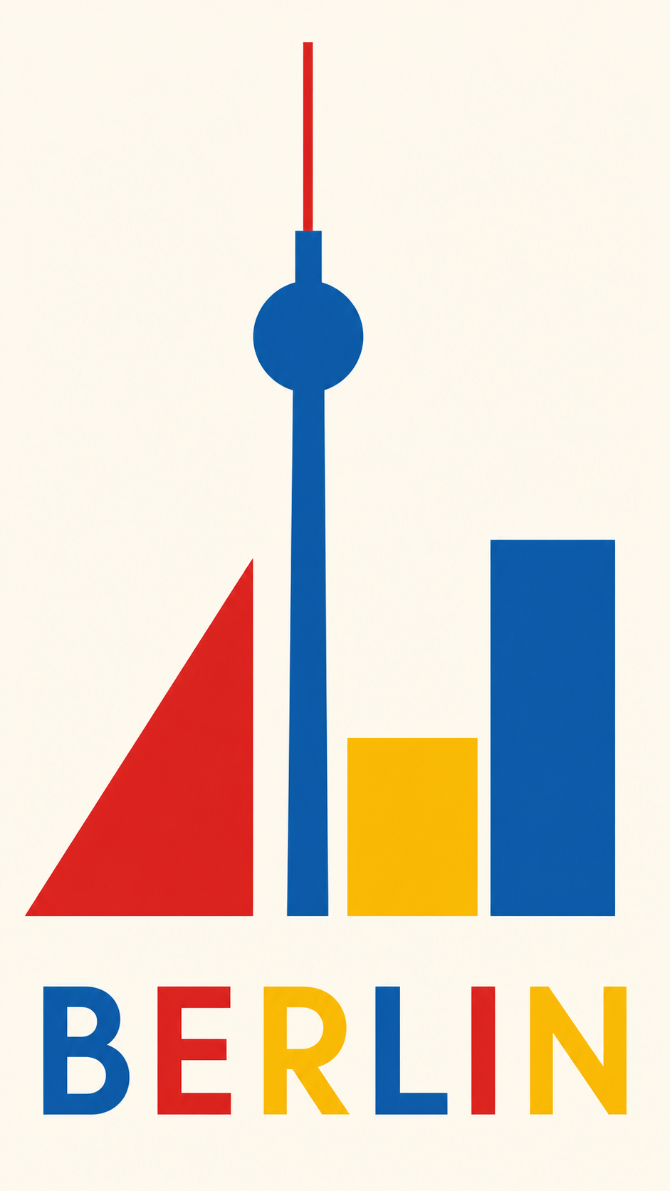 A minimalist Bauhaus geometric travel poster of Berlin reducing the skyline to a barred TV tower, a circle, a triangle and rectangles in flat primary red, blue and yellow on off-white with big empty space, titled BERLIN.