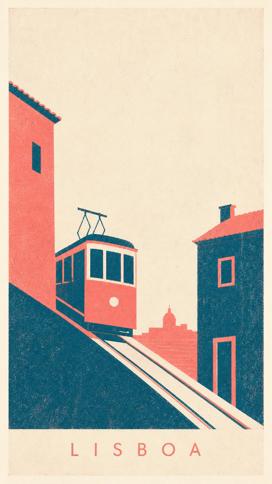 A minimalist two-tone risograph travel poster of Lisbon, a simplified hillside tram and blocky houses in fluoro coral-pink and deep teal-blue on warm paper with grain, registration offset and big empty space, titled LISBOA.