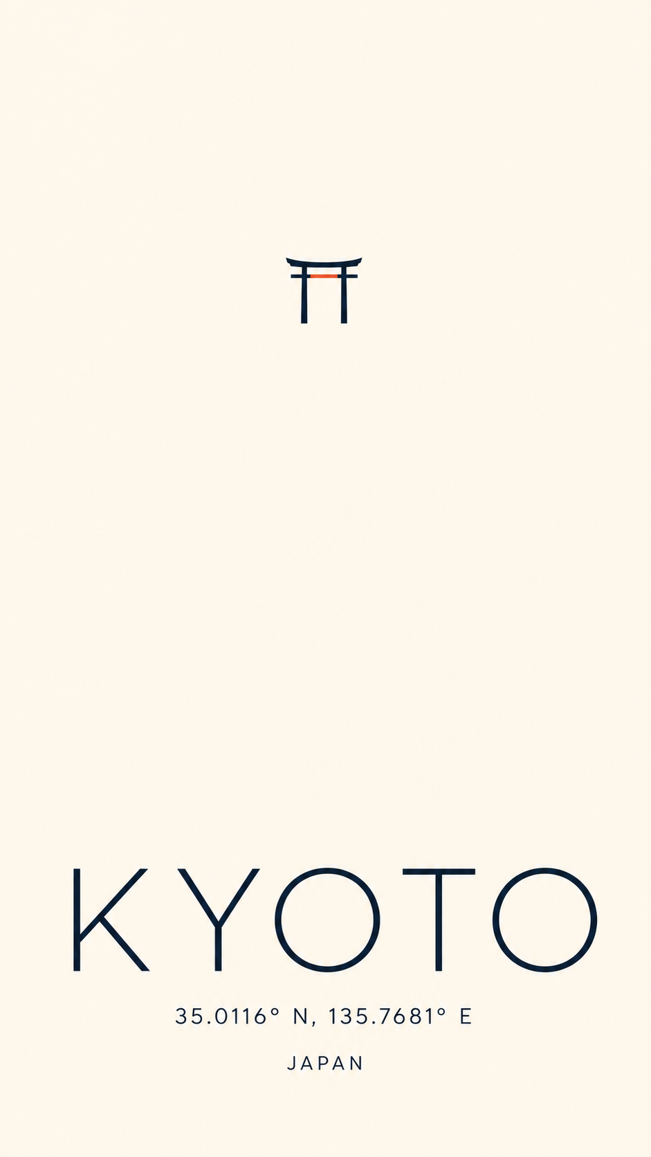 A minimalist type-forward travel poster of Kyoto carried by large light sans lettering, GPS coordinates and a tiny flat vermilion torii gate in a vast empty field, titled KYOTO with coordinates 35.0116 N 135.7681 E.