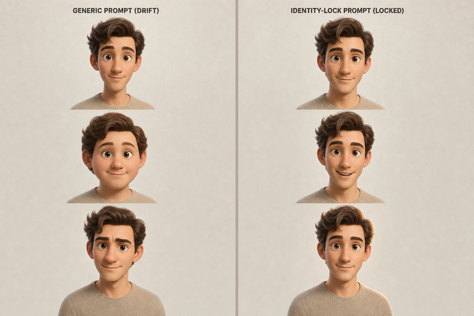 Diptych comparing three Pixar-style transformation attempts on the same source face. Left half labeled Generic Prompt shows the face visibly drifting across all three attempts (narrower jaw, different eye spacing, shifted hairline, different nose). Right half labeled Identity-Lock shows the same three transformation attempts with face geometry preserved identically across all three.