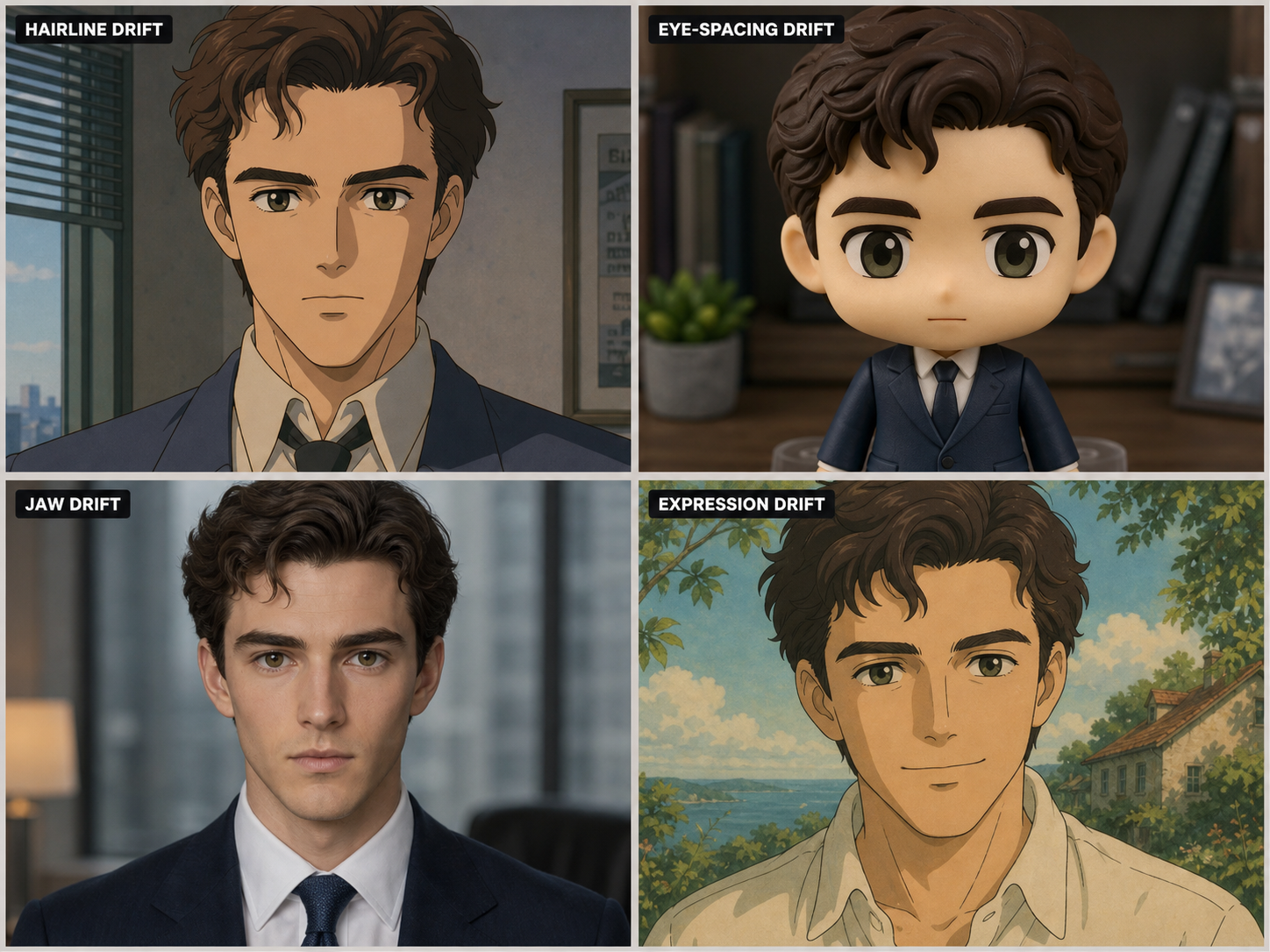Four-cell failure gallery showing residual identity-drift sub-modes that Identity-Lock does not fully prevent: hairline drift in a 90s anime render, eye-spacing drift in a chibi figurine render, jaw drift in an executive editorial render, and expression drift in a Ghibli storybook render. All four cells use the same source face.