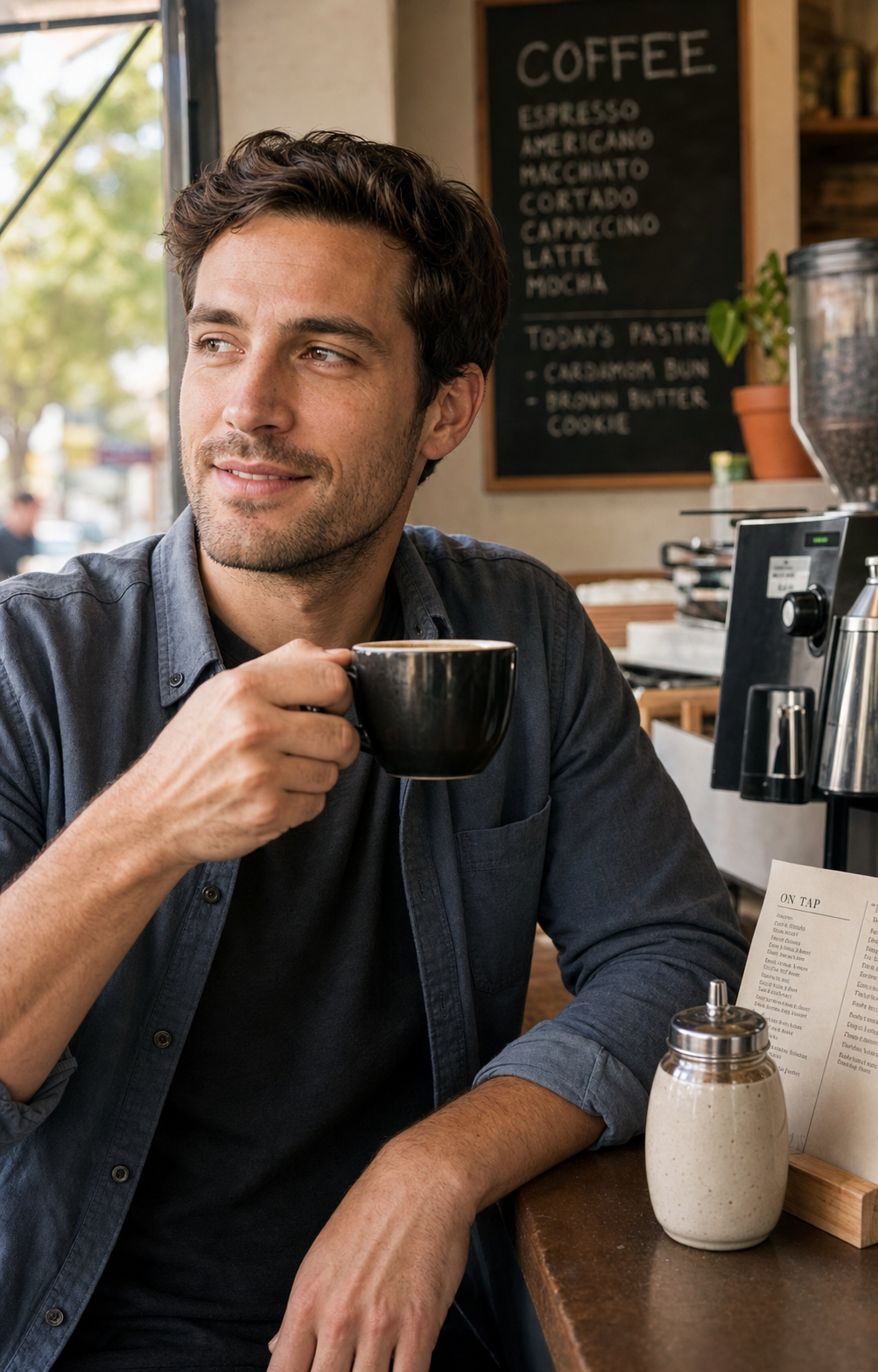 Dating profile photo archetype 1 for men, the third-place anchor: a 32-year-old man with brown hair, hazel eyes, square jaw, and light stubble sitting at the corner of his regular neighborhood cafe counter mid-sip of a black coffee, looking just off-camera with a faint half-smile, in a plain charcoal tee under a soft chambray overshirt, soft natural window light, identity-locked 4:5 dating-app format.