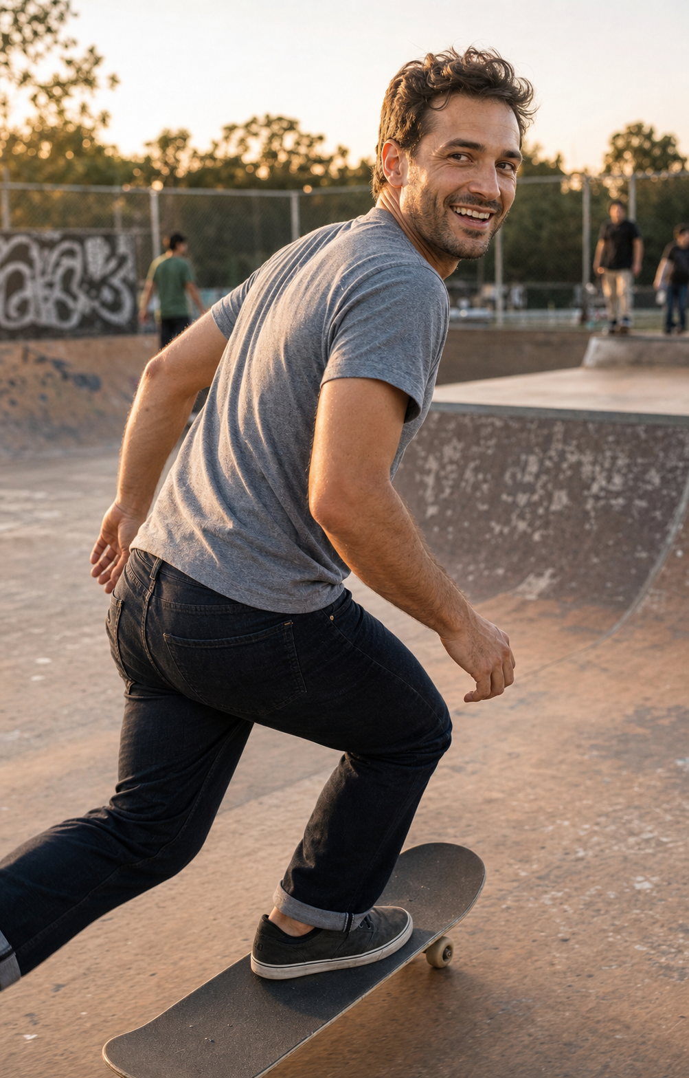 Dating profile photo archetype 2 for men, the hobby-not-gear shot: the same 32-year-old man caught mid-stride on a worn community-park skate ramp at golden hour, mid-laugh as he turns back toward camera, in a plain heather-grey tee and dark cuffed jeans with no visible brand logos, soft warm late-afternoon daylight, identity-locked 4:5 dating-app format showing the hobby-is-the-verb-not-the-gear archetype.