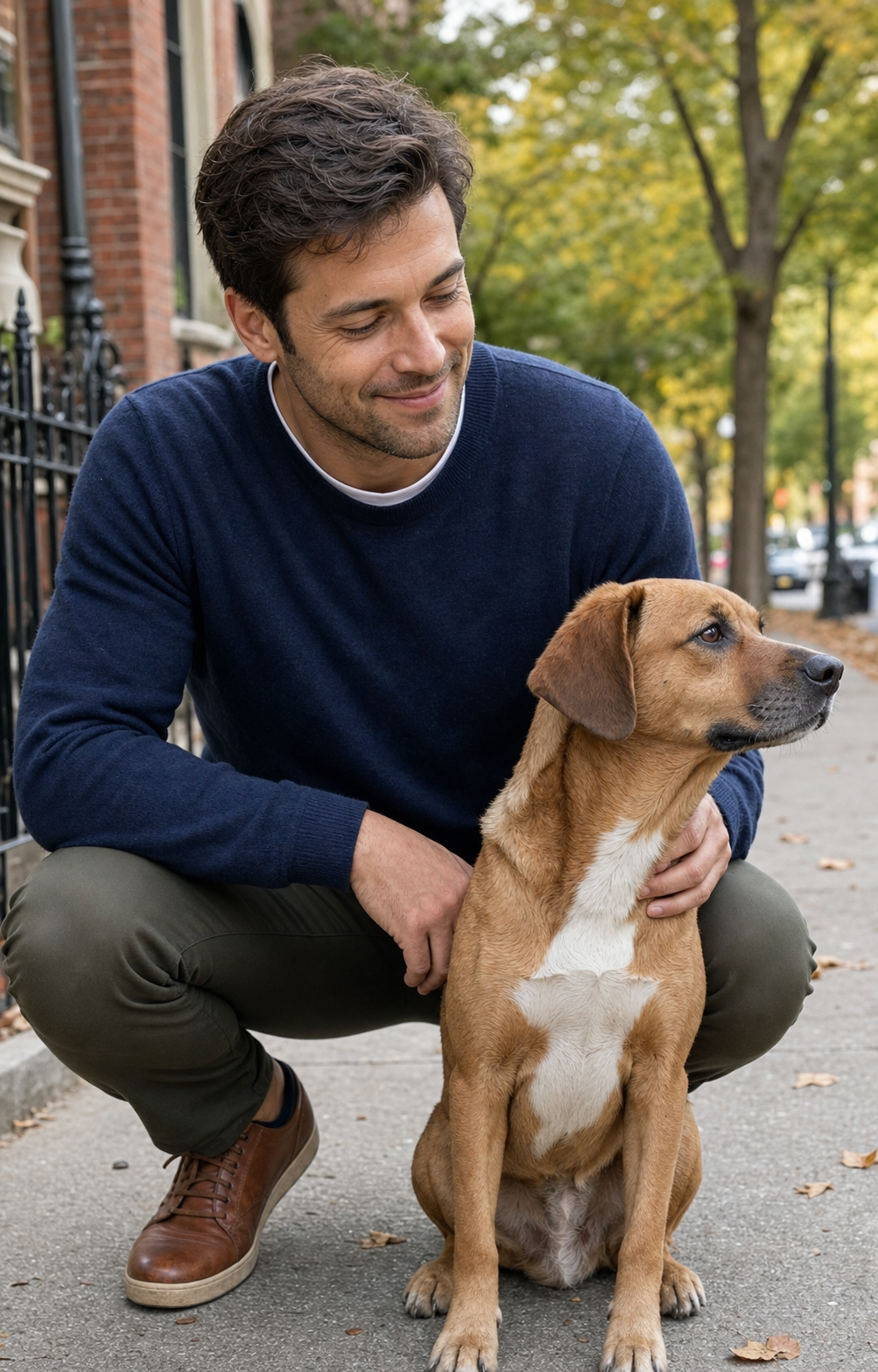 Dating profile photo archetype 4 for men, the dog-without-the-prop: the same 32-year-old man crouched on a tree-lined neighborhood sidewalk alongside a medium-size mixed-breed dog with a brown coat and white chest patch, the dog looking off to the side at its own focal point, the man looking down at the dog with a real half-smile, in a plain navy crewneck sweater and dark olive chinos, soft overcast diffused daylight, identity-locked 4:5 dating-app format showing the dog-as-co-subject-not-accessory archetype.