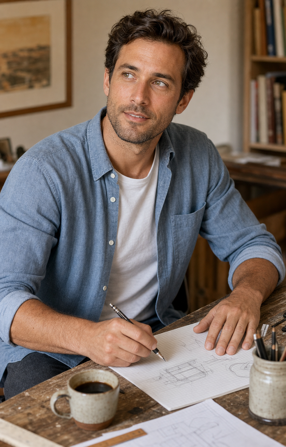 Dating profile photo archetype 5 for men, the office-not-suit: the same 32-year-old man at a worn wooden workshop table in a small daylight-lit home studio, mid-sketching on graph paper with a mechanical pencil, looking thoughtfully off-camera with a half-smile, in a soft chambray button-up over a plain white tee with sleeves pushed up, soft natural warm afternoon window light, identity-locked 4:5 dating-app format showing the workspace-not-corporate-headshot archetype.