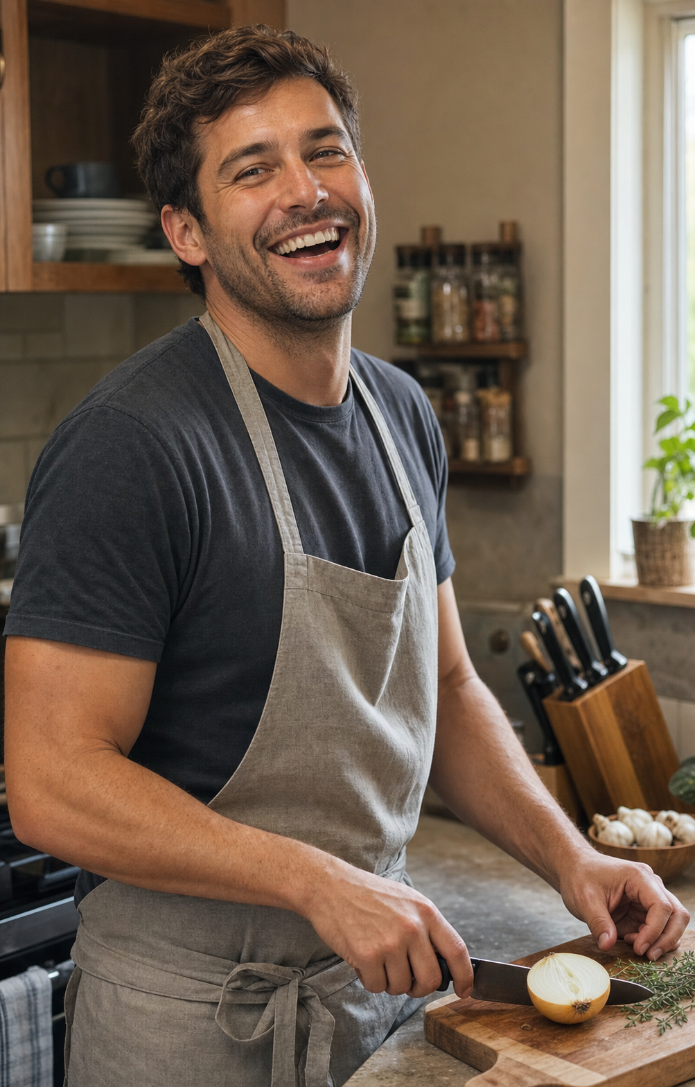 Dating profile photo archetype 6 for men, the kitchen-not-bar: the same 32-year-old man mid-laugh at his own kitchen counter with one hand on a wooden cutting board holding a halved yellow onion and the other resting on a chef's knife handle, in a plain dark charcoal tee under a soft linen apron, soft warm afternoon kitchen light, identity-locked 4:5 dating-app format showing the kitchen-prep-not-cocktail-photo archetype.