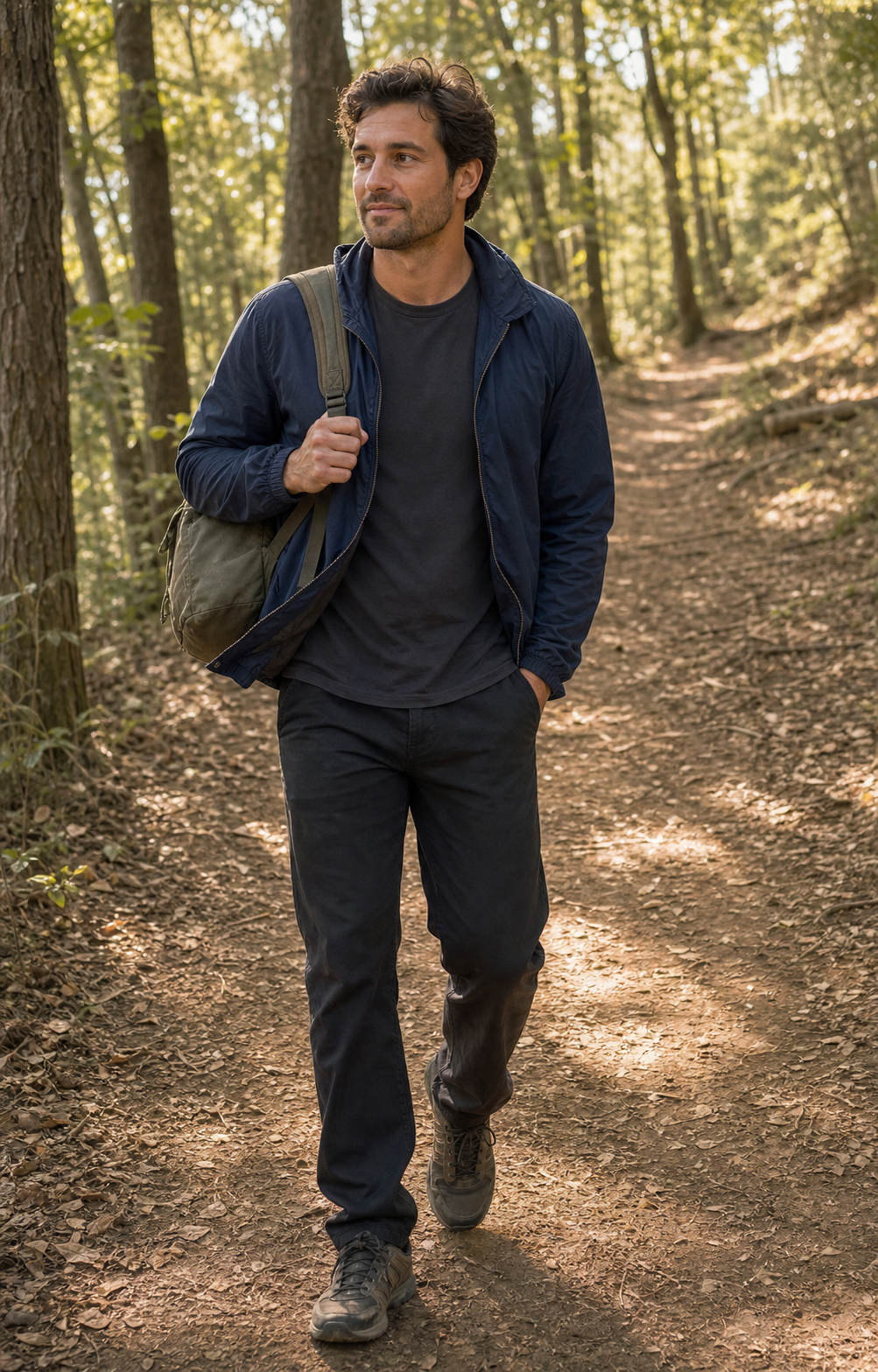 Dating profile photo archetype 7 for men, the outdoor-without-summit: the same 32-year-old man mid-stride on a real forest path on a soft late-afternoon weekday, one hand in his pocket and the other on a battered olive-green canvas backpack strap, looking just off-camera with a faint half-smile in a worn navy zip-up over a charcoal tee, full body visible from mid-thigh up, dappled soft warm golden-hour daylight filtered through trees, identity-locked 4:5 dating-app format showing the weekday-walk-not-conquest-shot archetype.