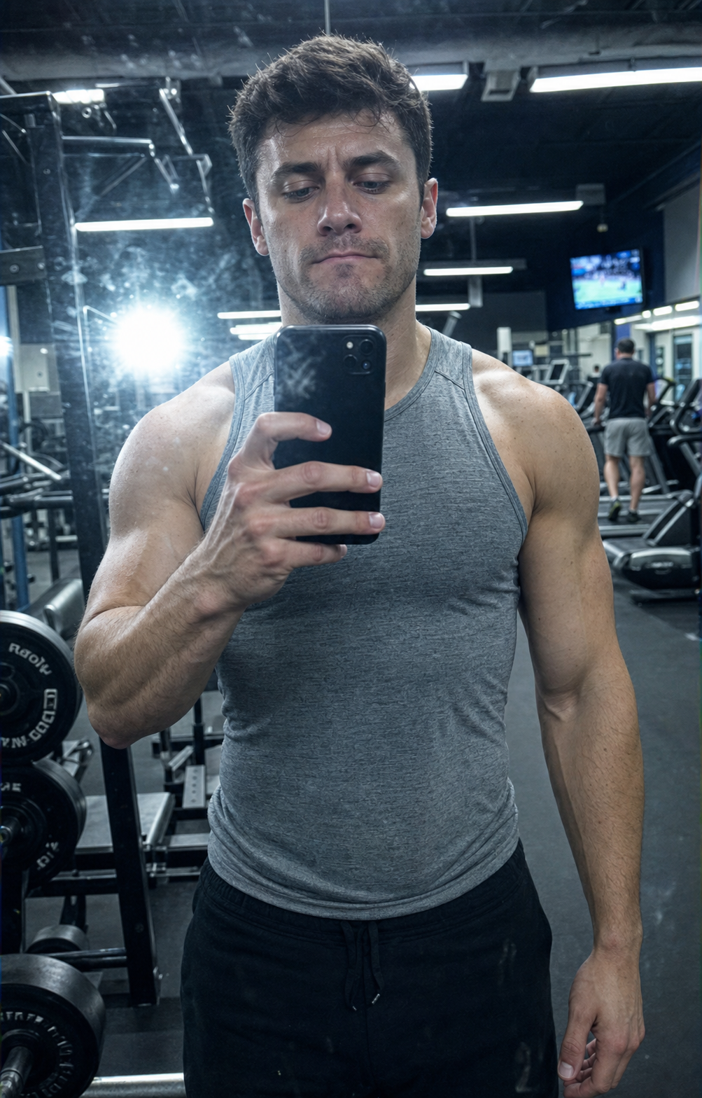 The gym-mirror selfie failure mode for men's dating profile photos: the same 32-year-old man standing in front of a smudged commercial-gym mirror with his phone raised mid-chest blocking the bottom of his face, head chin-tucked in a closed-lipped grimace, harsh overhead fluorescent cool-blue light casting hard top-down shadows under his eyes, in a tight sleeveless heather-grey training tank and dark joggers.