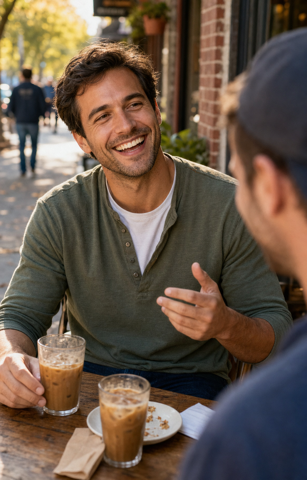 The warm-friends ambient archetype as the AFTER side of the before/after pair for men's dating profile photos: the same 32-year-old man mid-real-laugh at a sunlit outdoor cafe table with one friend in soft bokeh sitting opposite him, in a faded olive-green henley over a plain white tee, soft warm golden-hour side-light from front-and-left, identity-locked 4:5 dating-app format.
