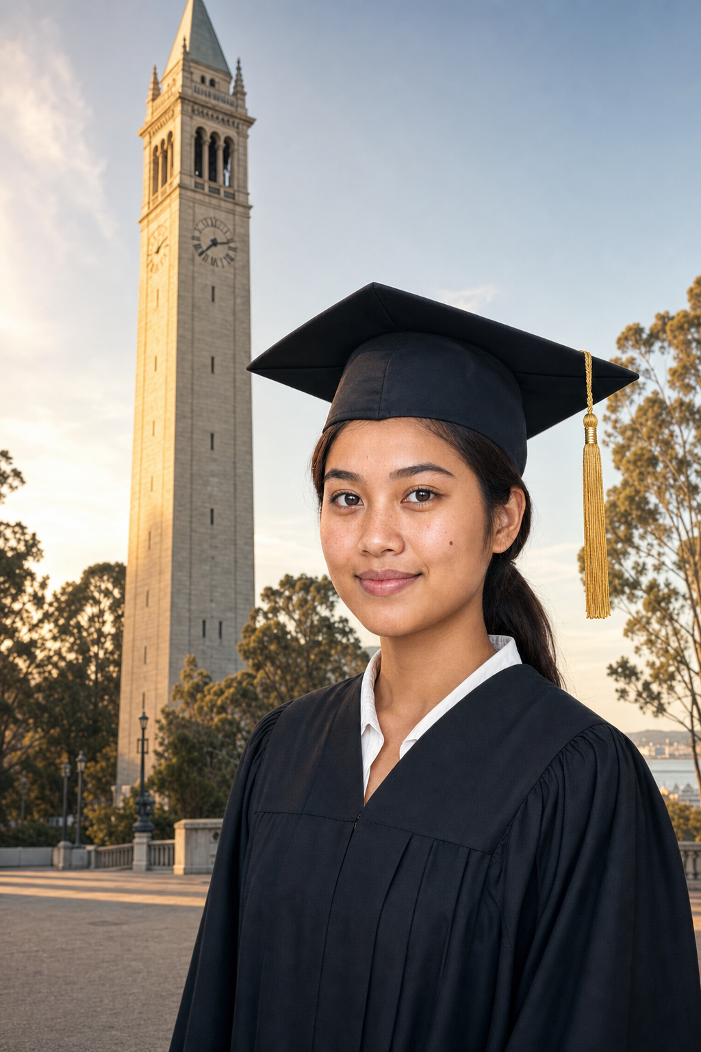 AI-generated graduation portrait of a young woman in cap and gown at the foot of UC Berkeley's Sather Tower, the Venetian-style granite Campanile rising above, eucalyptus and California golden-hour light.