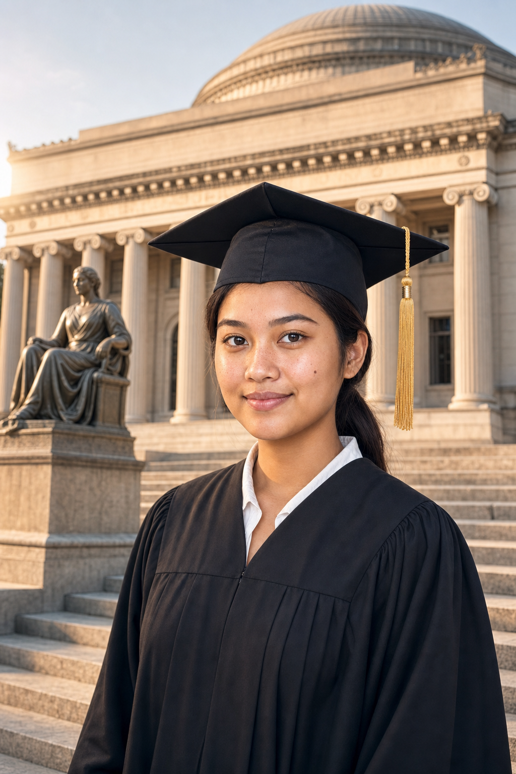 AI-generated graduation portrait of a young woman in cap and gown on Columbia's Low Library Beaux-Arts steps with Pantheon-style dome, Manhattan afternoon light.