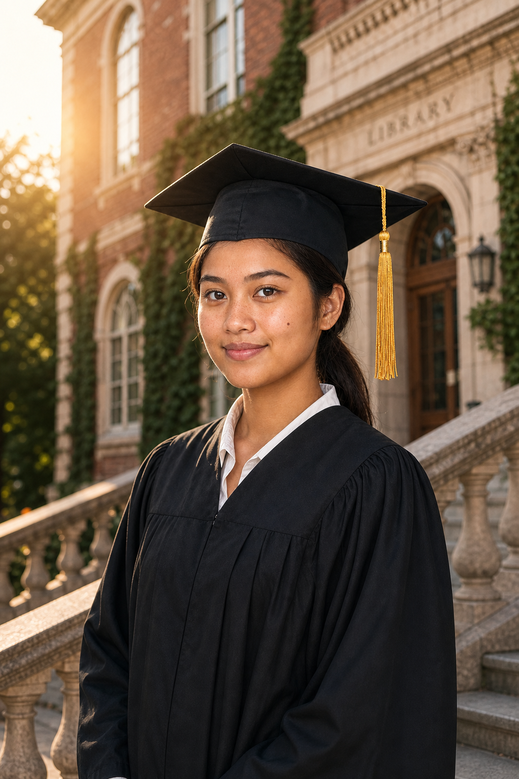 AI-generated graduation portrait of a young woman in cap and gown standing on Widener Library's Beaux-Arts limestone steps at Harvard, mid-afternoon golden hour, ivy on lateral walls.