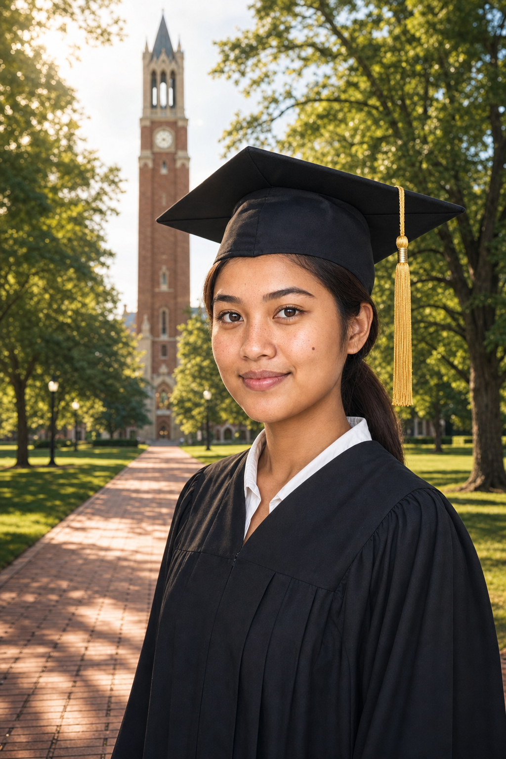 AI-generated graduation portrait of a young woman in cap and gown on University of Michigan's Diag with Burton Memorial Tower brick belfry in the background, Midwestern afternoon light.