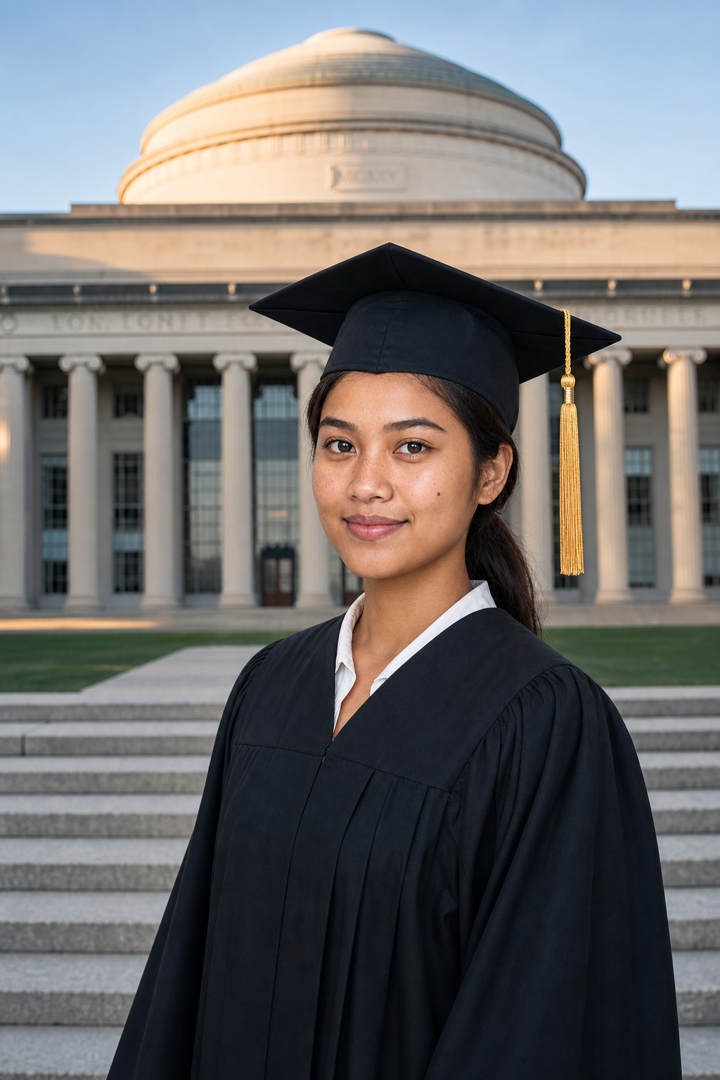 AI-generated graduation portrait of a young woman in cap and gown in MIT's Killian Court with the Neoclassical Great Dome and limestone colonnade behind.