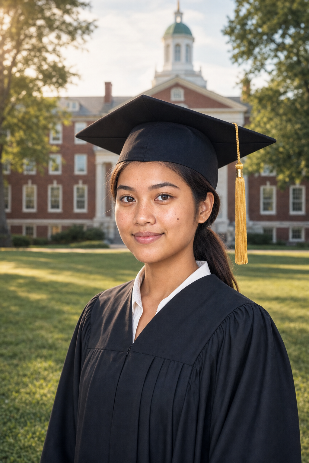 AI-generated graduation portrait of a young woman in cap and gown on the front lawn of Princeton's Nassau Hall, Georgian colonial brick architecture with white cupola.