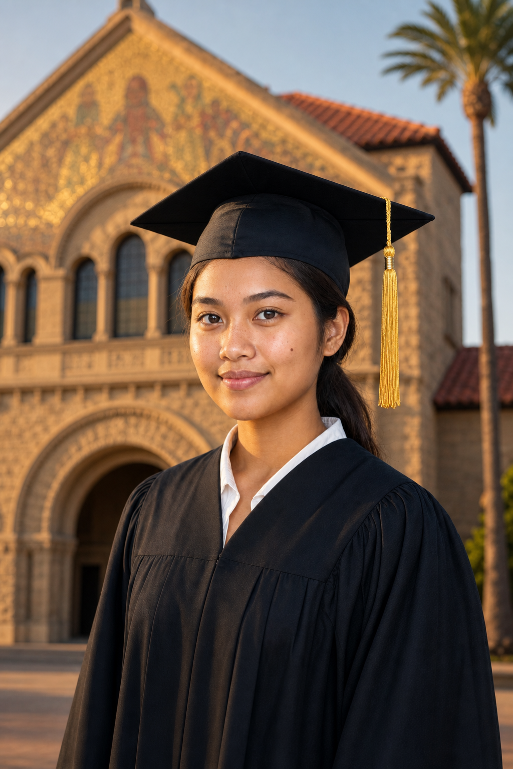 AI-generated graduation portrait of a young woman in cap and gown in front of Stanford Memorial Church's Romanesque sandstone facade with gold-mosaic gable, palm tree, California afternoon light.