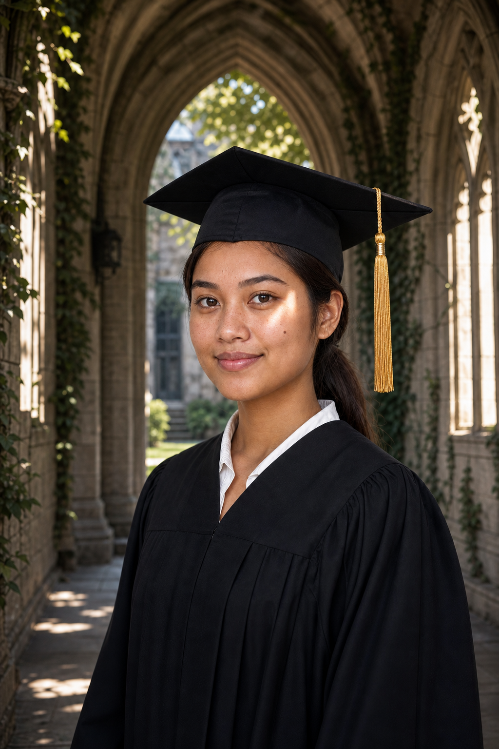 AI-generated graduation portrait of a young woman in cap and gown framed by Yale Old Campus Gothic Revival arches, ivy-covered gray stone, late afternoon.