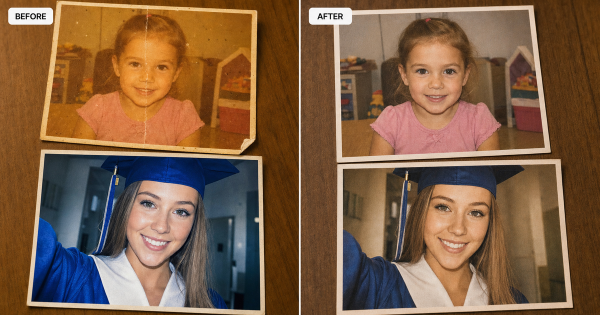 Side-by-side comparison labeled BEFORE and AFTER. The BEFORE half shows a faded 2013 kindergarten daycare snap next to a sharp 2026 cap-and-gown iPhone selfie of the same girl, the two photos visibly mismatched in image quality, color cast, and sharpness. The AFTER half shows the same two photos after the diptych prompt has restored the kindergarten print and color-graded the graduation selfie down to match it, so both panels now read as one family album spread.