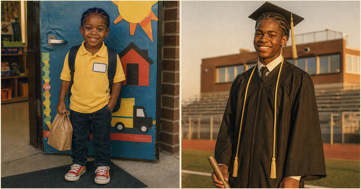 Side-by-side diptych of the same boy on the first day of kindergarten in 2013 (left, restored print with construction-paper-decorated classroom door) and on graduation day in 2026 (right, cap and gown with honor cord), rendered with matched warmth, grain, and paper-print texture. Example showing the diptych prompt works for any family.