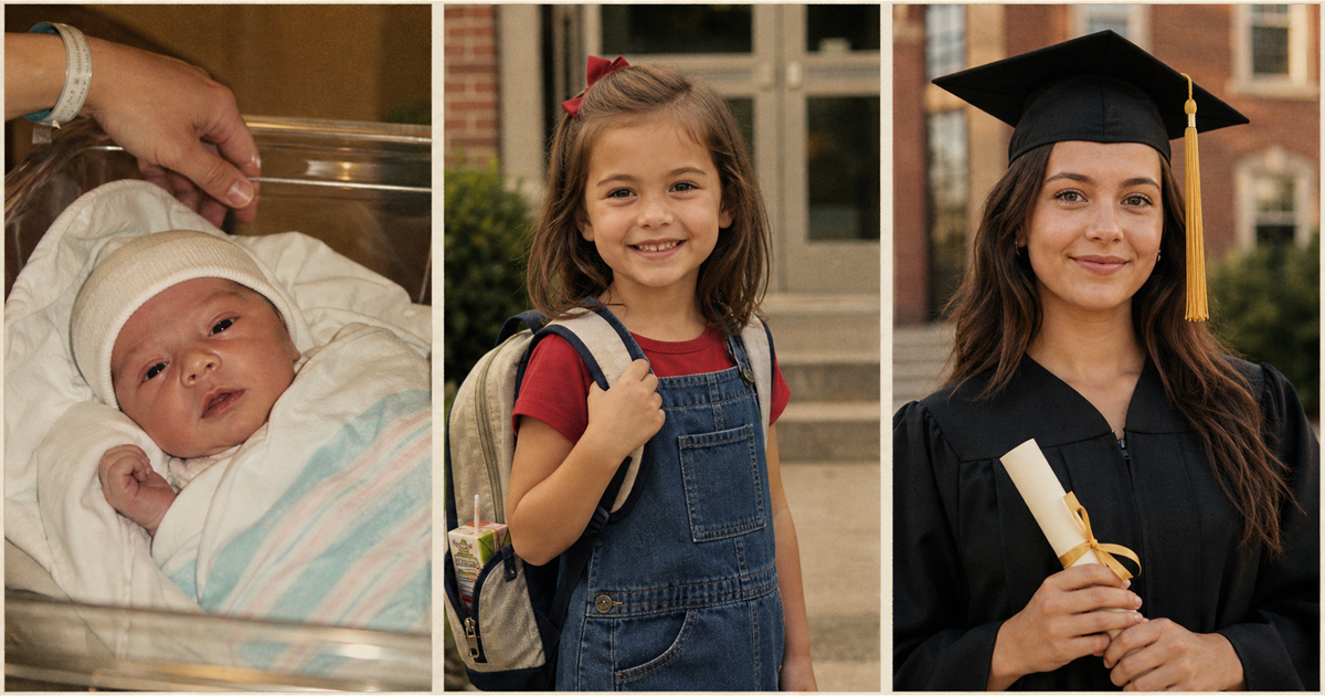 Three-panel family-album spread of the same person at three life stages: newborn in a 2008 hospital bassinet (left), first day of kindergarten in 2013 (middle), graduation day in 2026 (right), all rendered with matched warmth, grain, and paper-print texture across three different camera eras. Example of the baby-to-kindergarten-to-graduation triptych variant.
