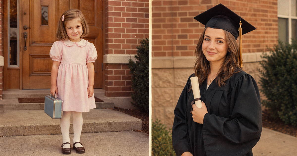 Side-by-side diptych of a mother on her first day of kindergarten in 1988 (left, restored late-80s print) beside her daughter on graduation day in 2026 (right), the two panels matched in warmth, grain, and paper-print texture. Visible family resemblance across two generations. Example of the parent-and-child diptych variant.