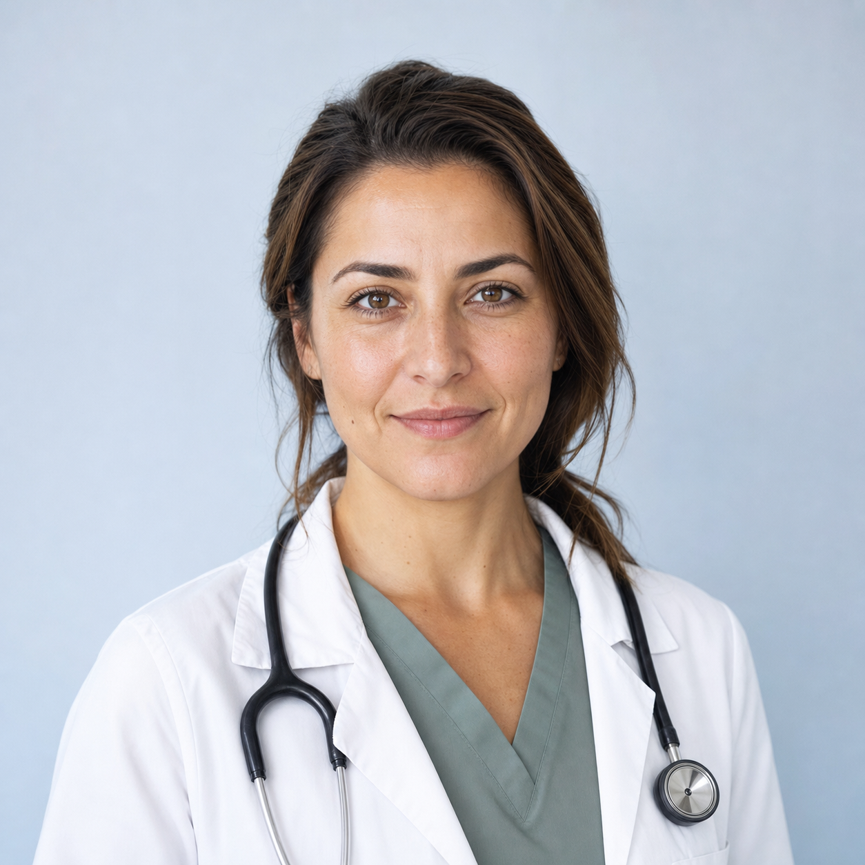 LinkedIn headshot example for a clinical healthcare professional, white coat over a sage-green scrub top with a stethoscope around the neck, against a quiet neutral pale-blue clinical wall, soft balanced front-light, identity-locked 1:1 square recruiter-screen format.