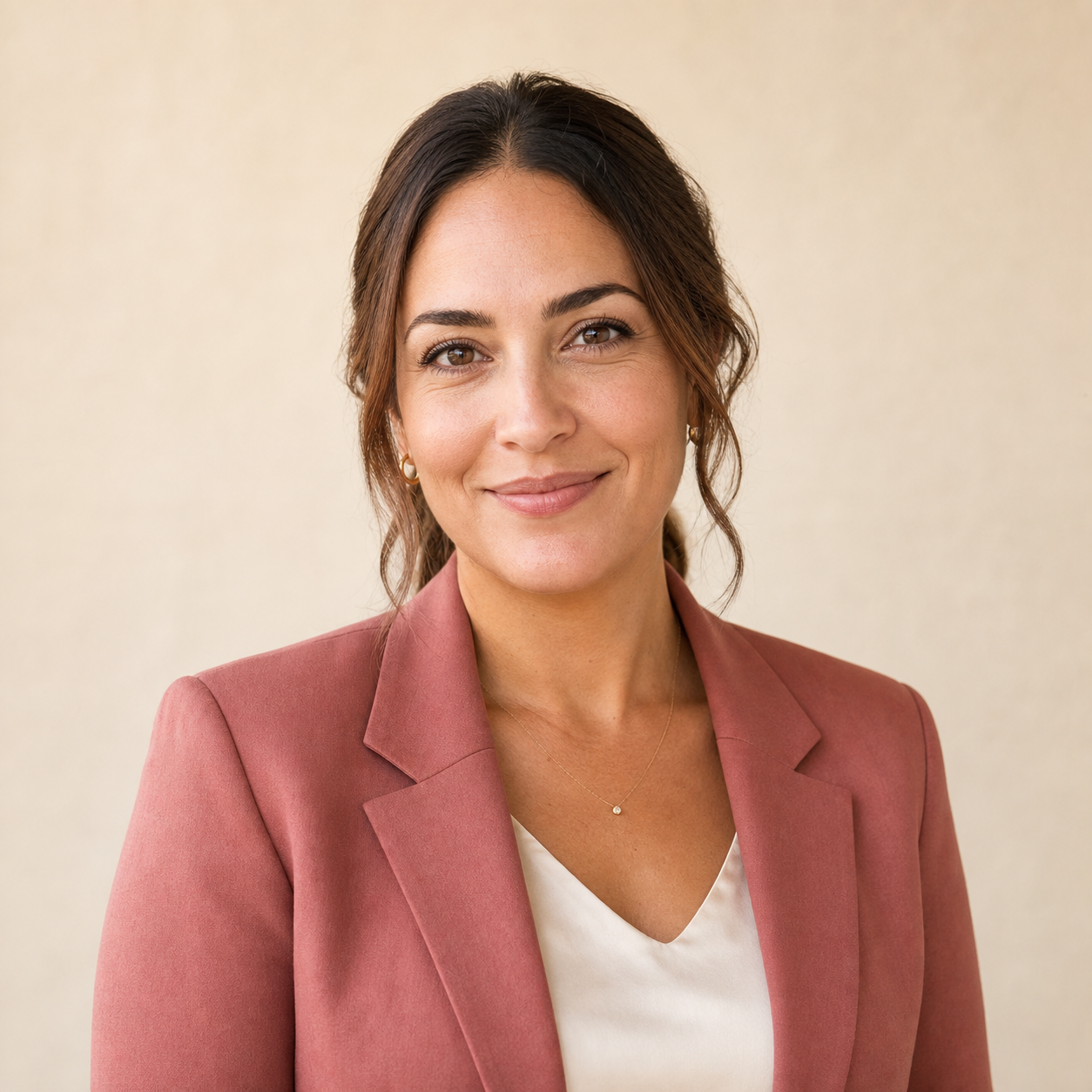 LinkedIn headshot example for a sales or client-facing professional, dusty-rose tailored blazer over a cream silk shell against a soft warm-cream studio backdrop, soft balanced front-light, identity-locked 1:1 square recruiter-screen format.