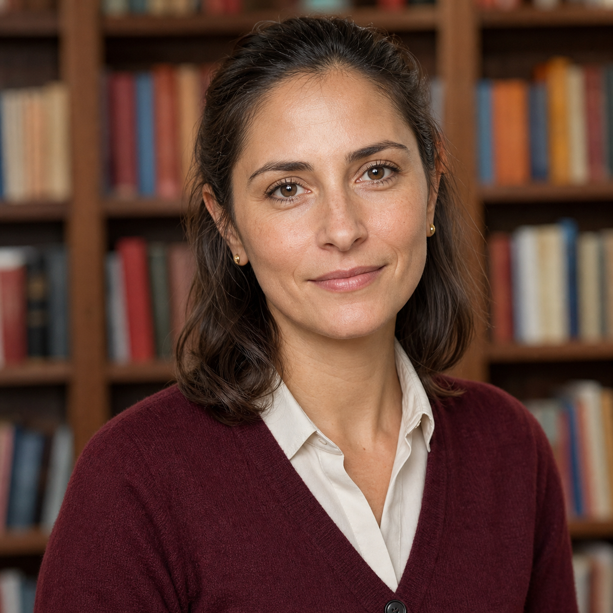 LinkedIn headshot example for an academic or research professional, burgundy cardigan over a cream button-down against a softly blurred warm wood book-lined backdrop, soft balanced front-light, identity-locked 1:1 square recruiter-screen format.