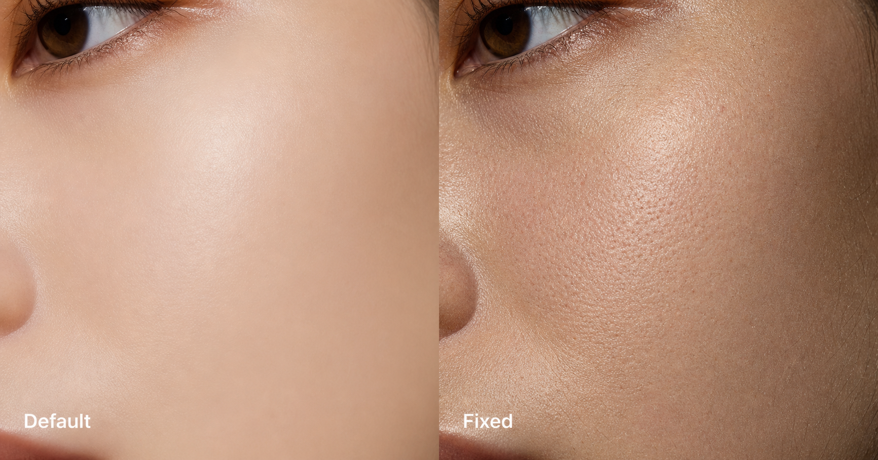 Macro skin texture comparison: left half a zoomed-in patch of the porcelain-default AI skin with no pores and uniform smoothing; right half the same patch with the micro-imperfection trio applied, showing visible pores, micro-asymmetry, and a faint film grain that reads as real photographed human skin.